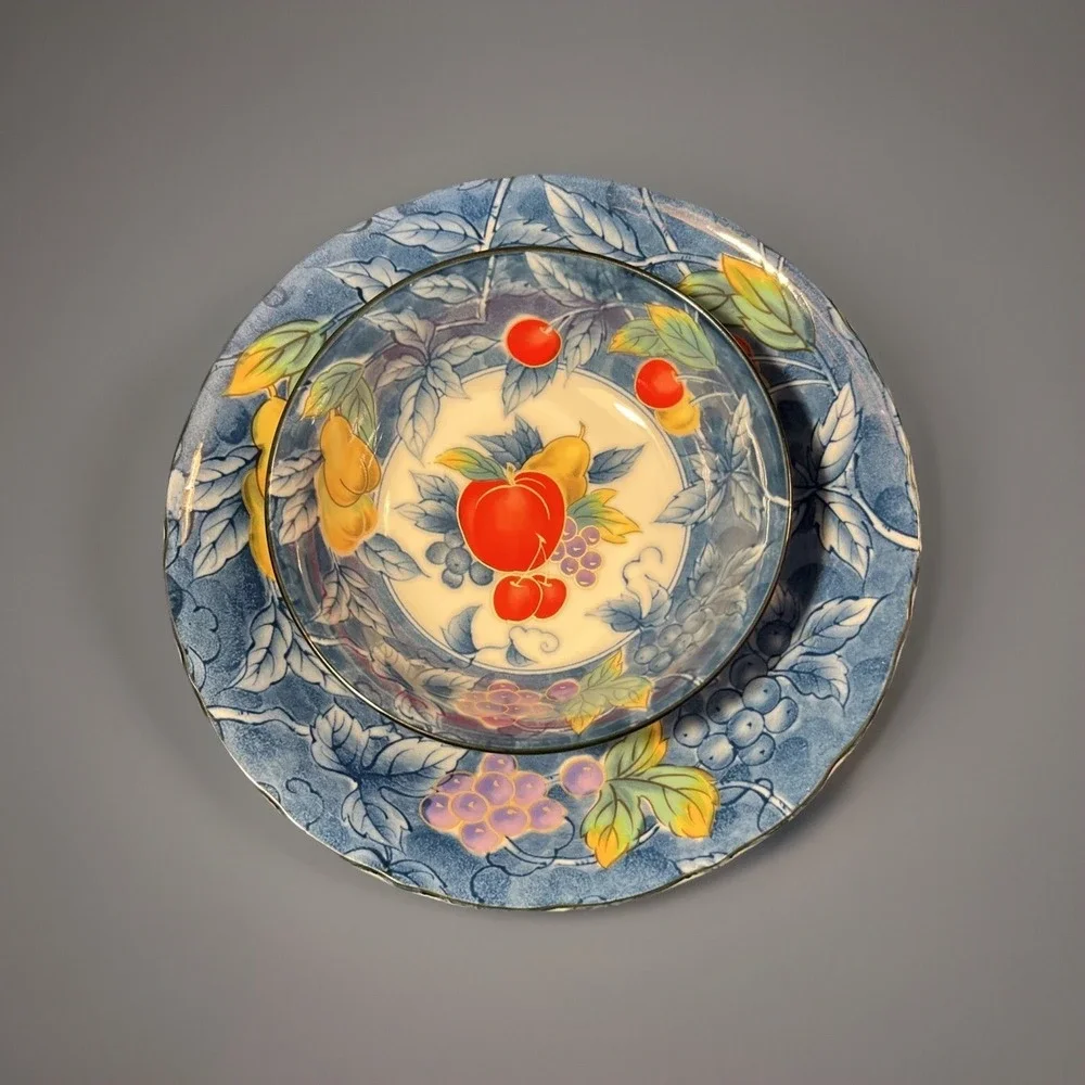 Vintage Handpainted Blue Leaves‎ Fruit Pattern Salad Bowl 8
